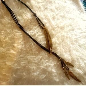 NWOT Artisan Red/Purple Leather Boho Necklace w/Metal Feather Accents